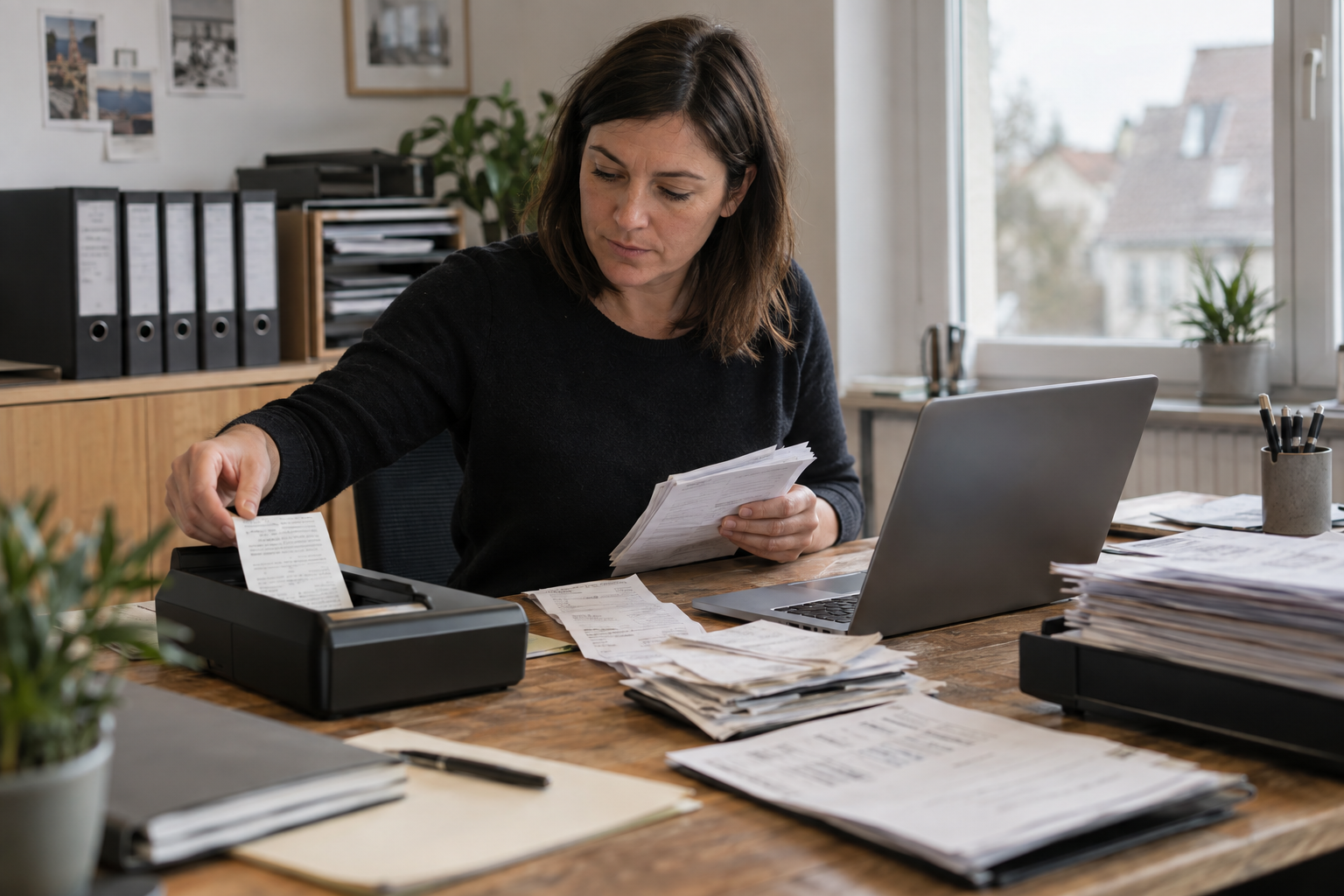 Papierbelege werden an einem professionellen Buchhaltungsarbeitsplatz digitalisiert